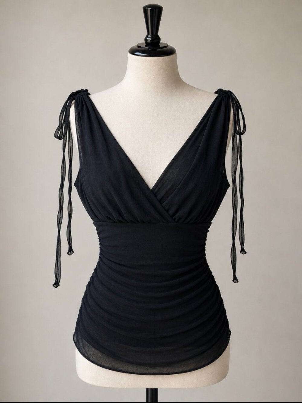 Vintage DVF Black Silk Chiffon Ruched Draped Evening Top, Size L, US 8-10 - Picture 3 of 11
